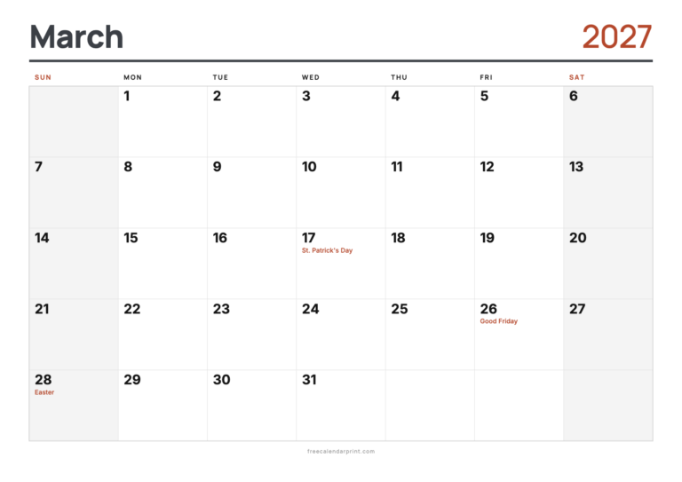 March 2027 calendar printable, A4 with Holidays