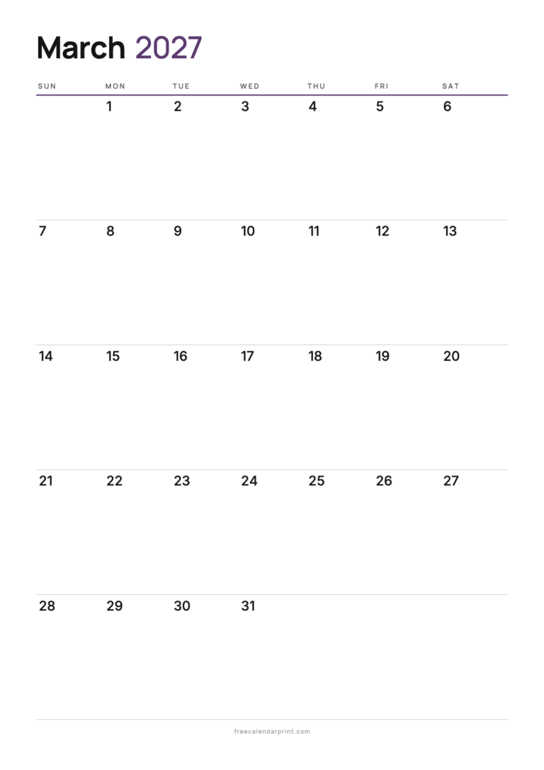 March 2027 calendar printable, A4 Blank Portrait