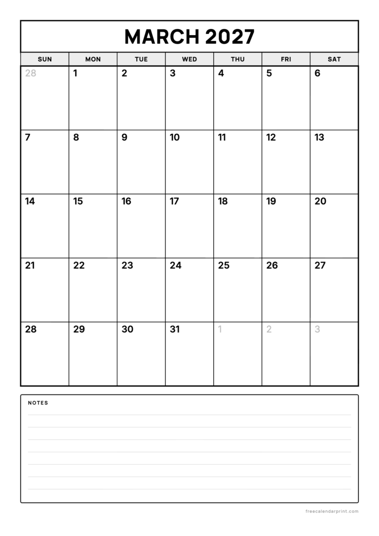 March 2027 calendar printable, A4 with Notes