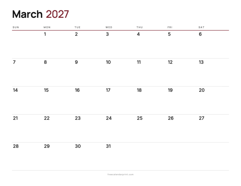 March 2027 calendar printable, Blank Calendar