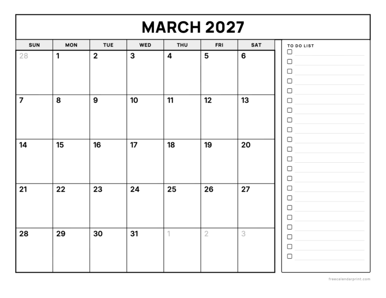 March 2027 calendar printable, Bold Grid with To Do List