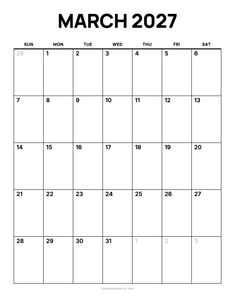 March 2027 calendar printable, Bold Open
