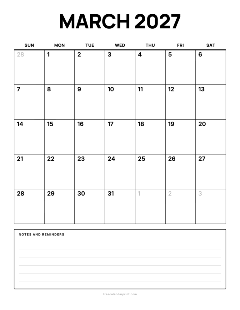 March 2027 calendar printable, Bold Open with Notes