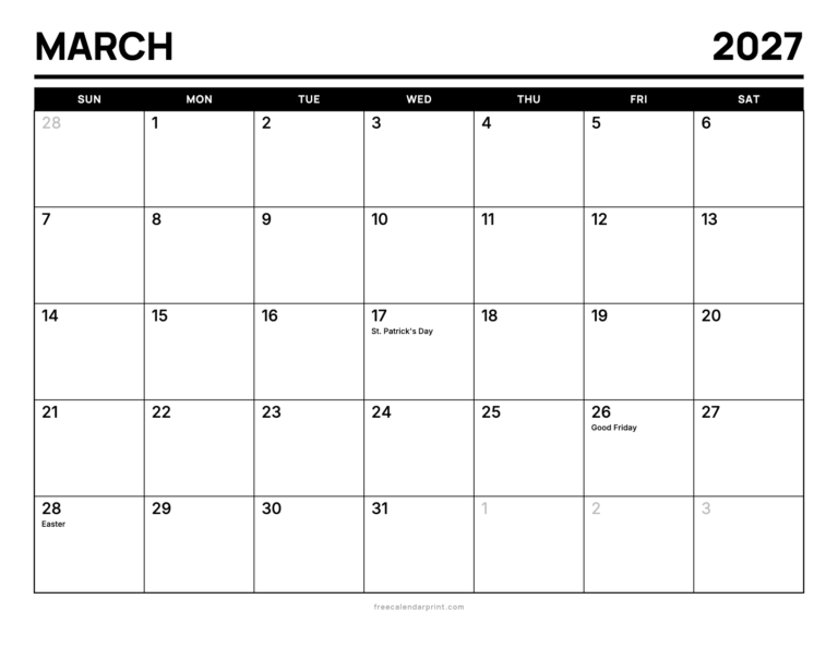 March 2027 calendar printable, Bold Split