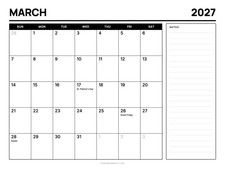 March 2027 calendar printable, Bold Split with Notes