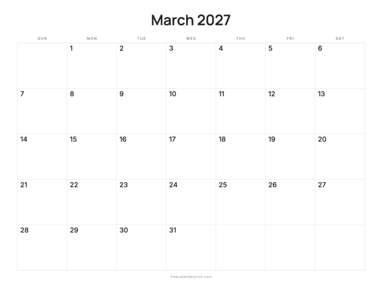 March 2027 calendar printable, Ink Saver