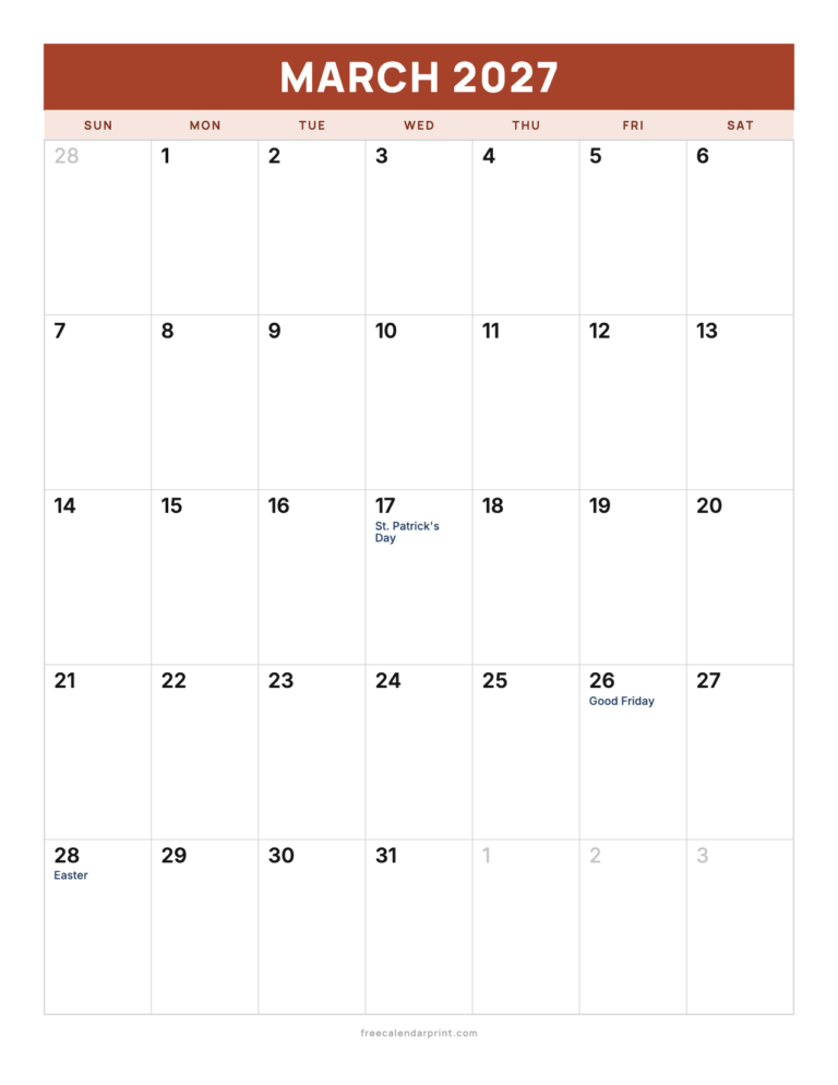 March 2027 calendar printable, Portrait with Holidays