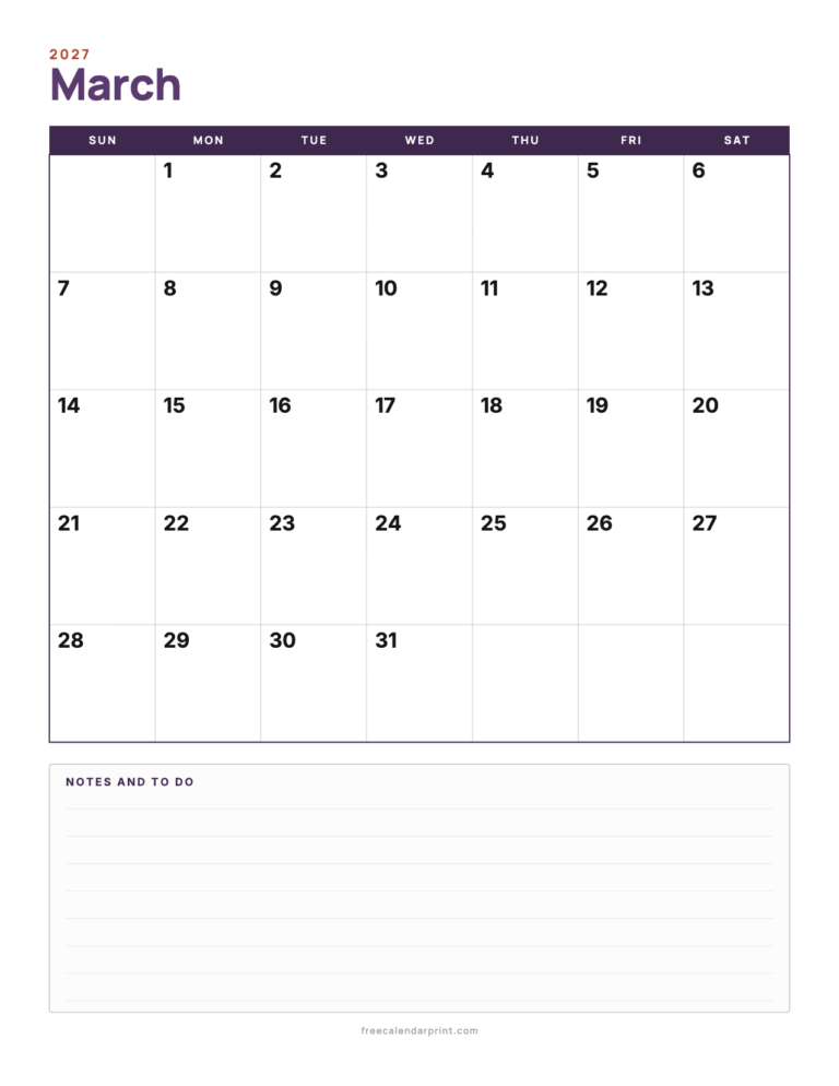 March 2027 calendar printable, Portrait with Notes