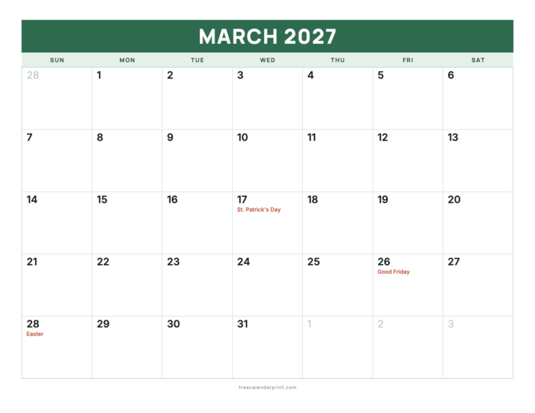 March 2027 calendar printable, With US Holidays